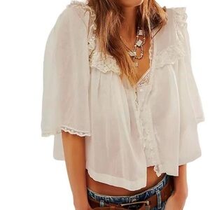Cream Lace-Trim Peasant Blouse - Women
